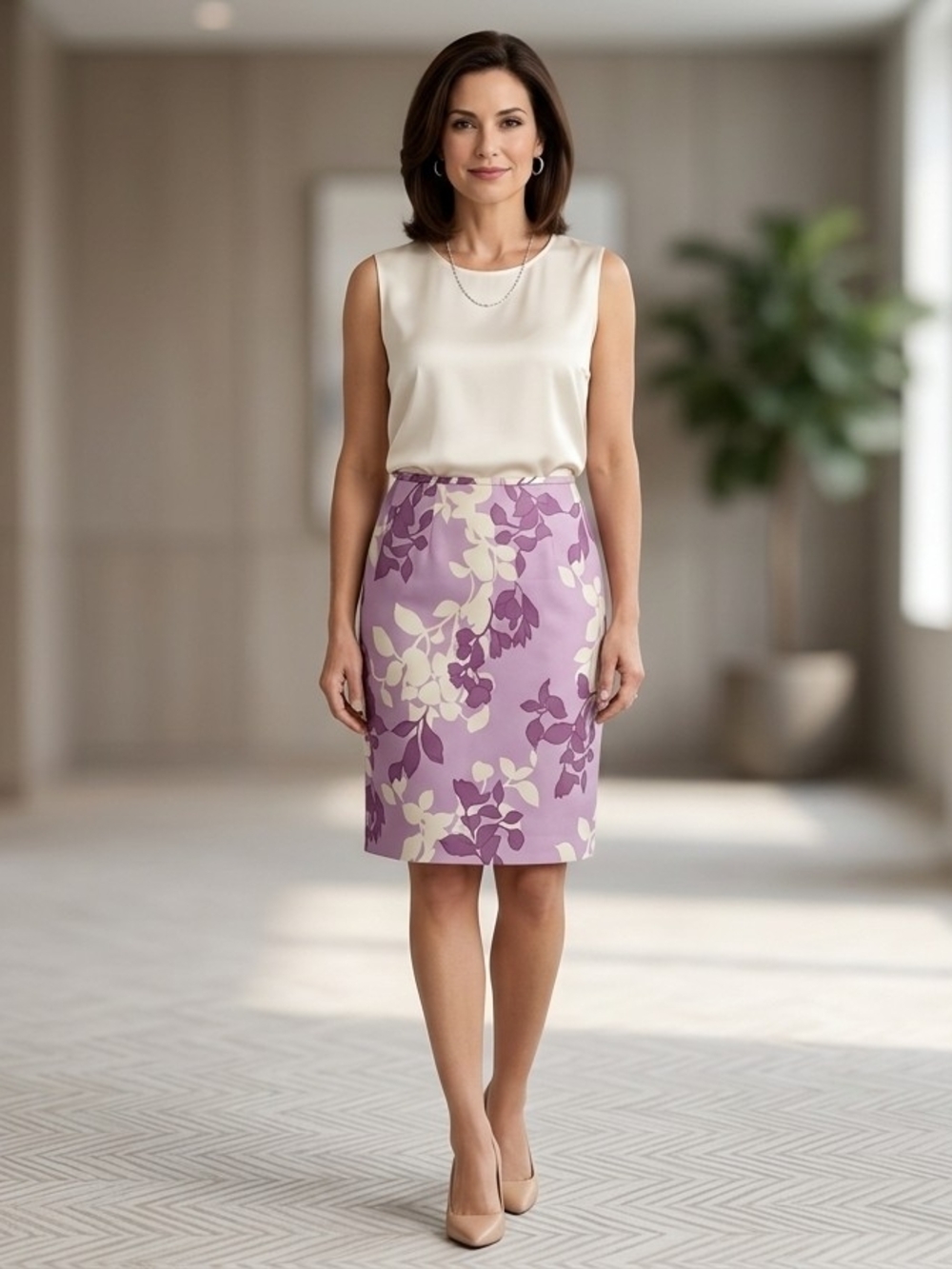 Amanda Smith Floral Pencil Skirt in Lavender and Cream 100%silk Size 12 90s
